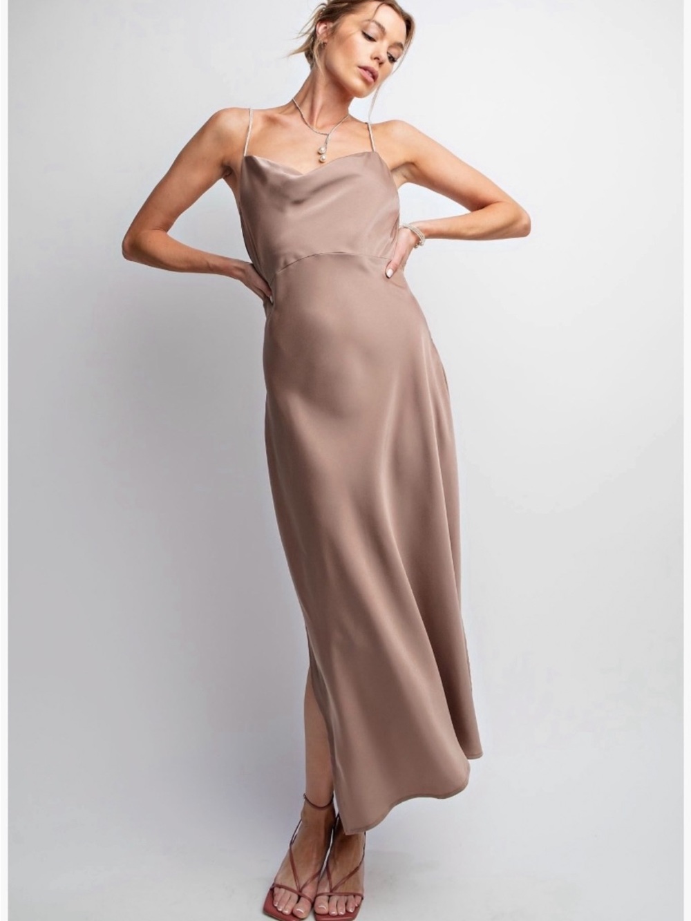 Easel Tan Satin Rhinestone Dress
